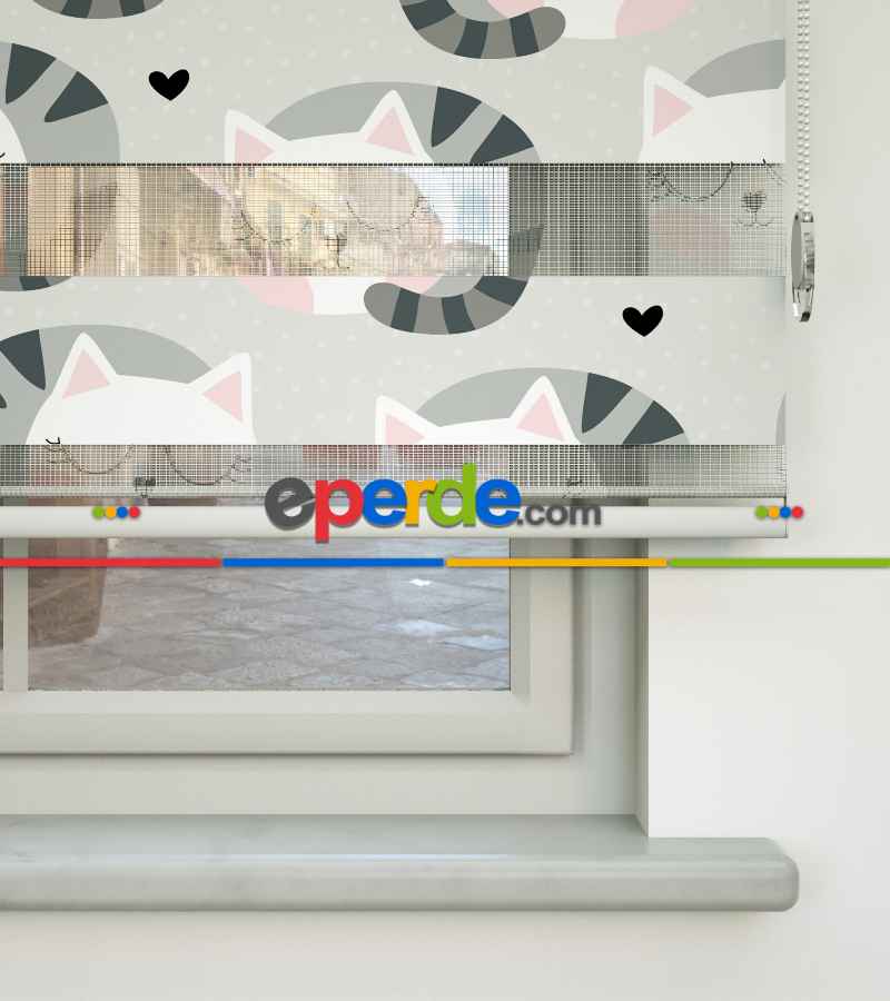 Kedicik Desenli Baskılı Zebra Perde- Çok Renkli