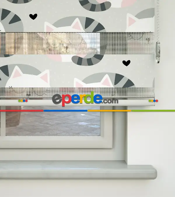 Kedicik Desenli Baskılı Zebra Perde- Çok Renkli