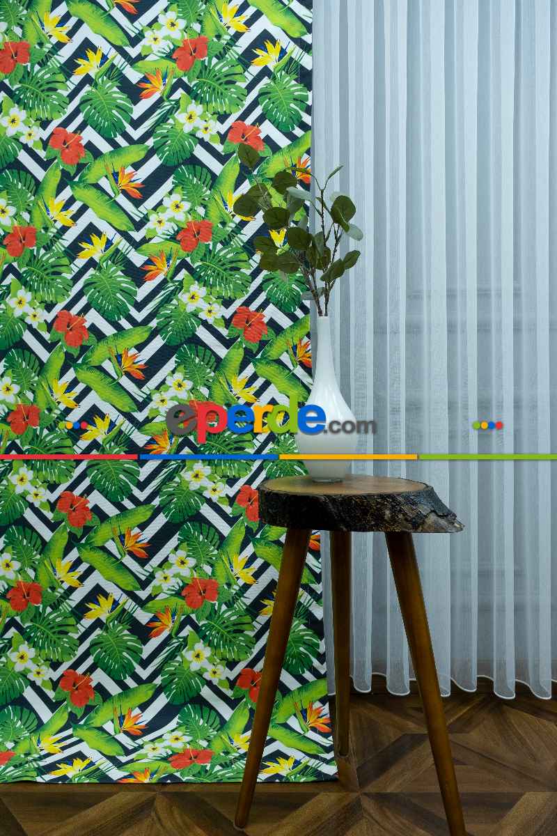 Tropikal Desenli Fon Perde K520 T - Kumaşı Kalındır Duck Bezi Değildir.- Yeşil-Çok Renkli