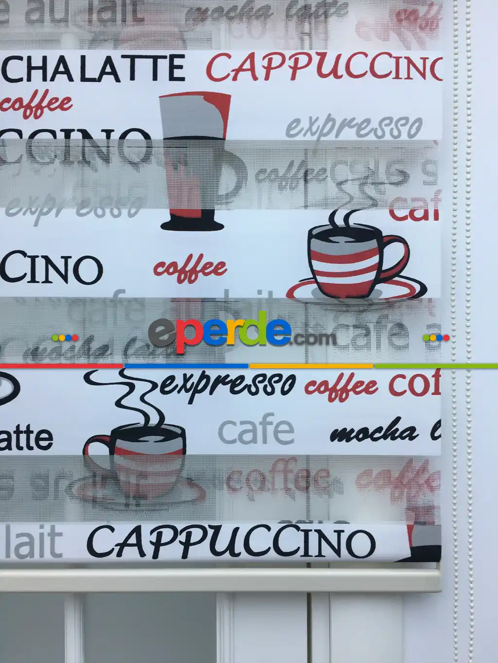Mutfak Zebra Perde Cappuccino Desenli Zebra Perde - Siyah Kırmızı- Siyah Kırmızı