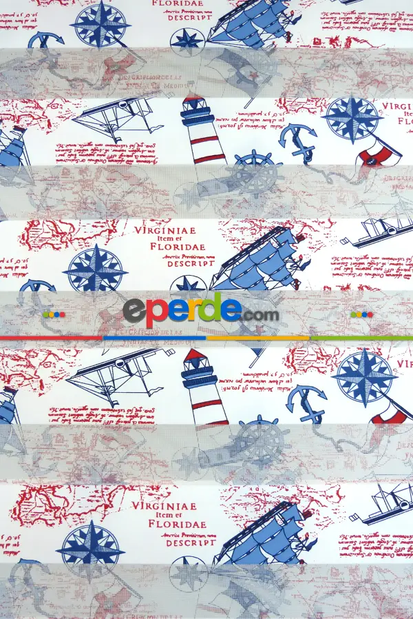 Bebek Odası Zebra Perde - Gemici Desen Zebra Perde Kıds 4343-04- Mavi