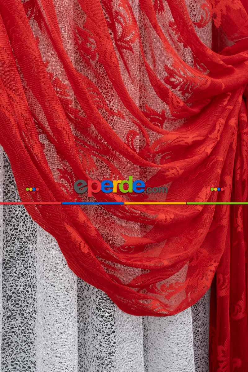 Tül Fon Kırmızı Renk Büzgülü Tasarım Moda Tasarım Fon Perde- Kırmızı 70cm X 1cm 