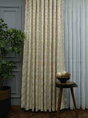 Krem Desenli Jakar Fon Perde (180)- Krem