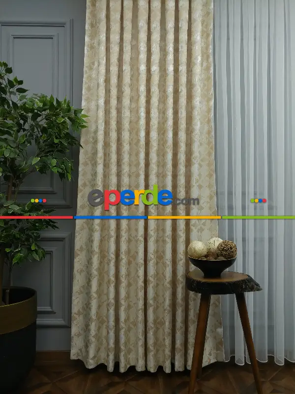 Krem Desenli Jakar Fon Perde (180)- Krem