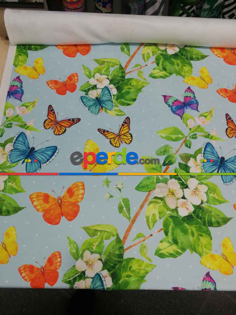 Mutfak Perdesi Kanat Fon Perde Kelebek Desenli- Yeşil