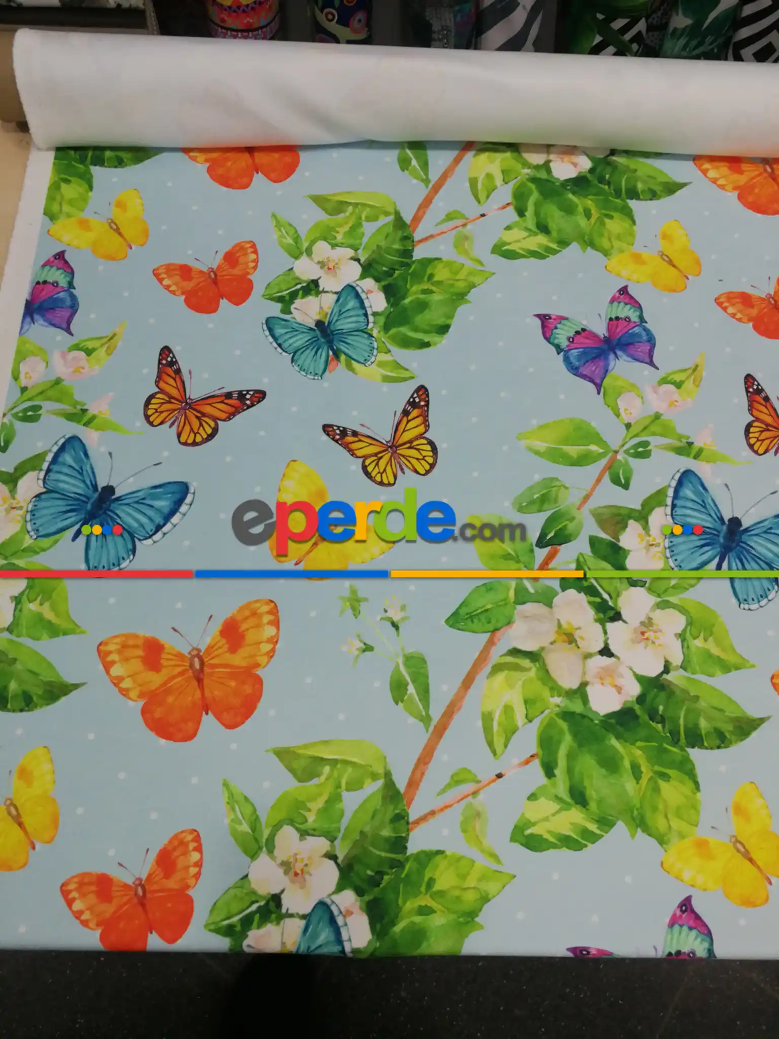 Kelebek Ve Çiçek Desenli Fon Perde Evm830 Kumaşı Kalındır Duck Bezi Değildir- Yeşil-Beyaz-Turuncu- Çok Renkli 3