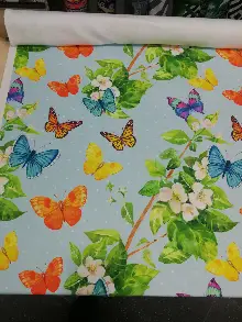 Kelebek Ve Çiçek Desenli Fon Perde Evm830 Kumaşı Kalındır Duck Bezi Değildir- Yeşil-Beyaz-Turuncu- Çok Renkli 3