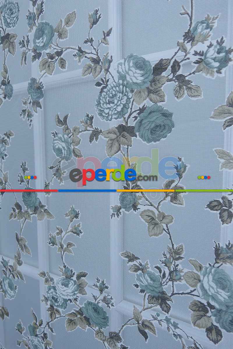 Çiçek Desenli Yakma Tül Çiftli Sistem İkili Perde Turkuaz- Turkuaz