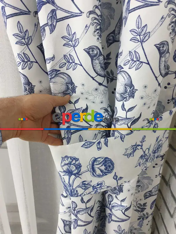 Yatak Odası - Kuş Desenli Fon Perde Evm580 Kumaşı Kalındır Duck Bezi Değildir- Beyaz