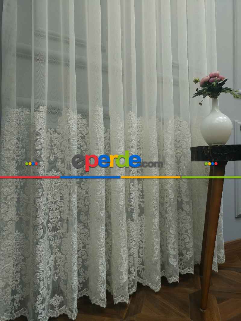 Salon Tül Perde - Eteği Duble Nakış İşlemeli Tül Perde Ikon 2021- Krem