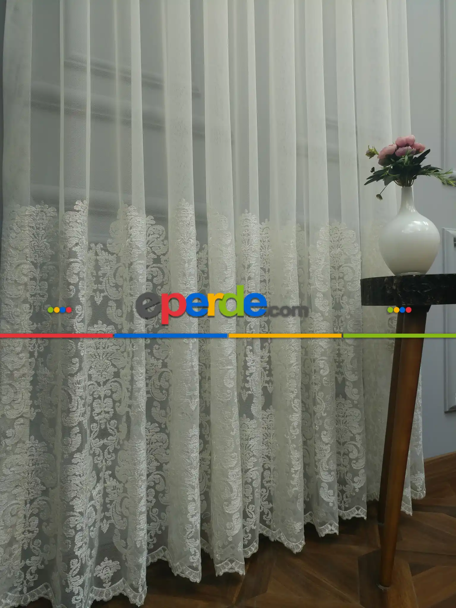 Salon Tül Perde - Eteği Duble Nakış İşlemeli Tül Perde Ikon 2021- Krem