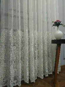 Salon Tül Perde - Eteği Duble Nakış İşlemeli Tül Perde Ikon 2021- Krem