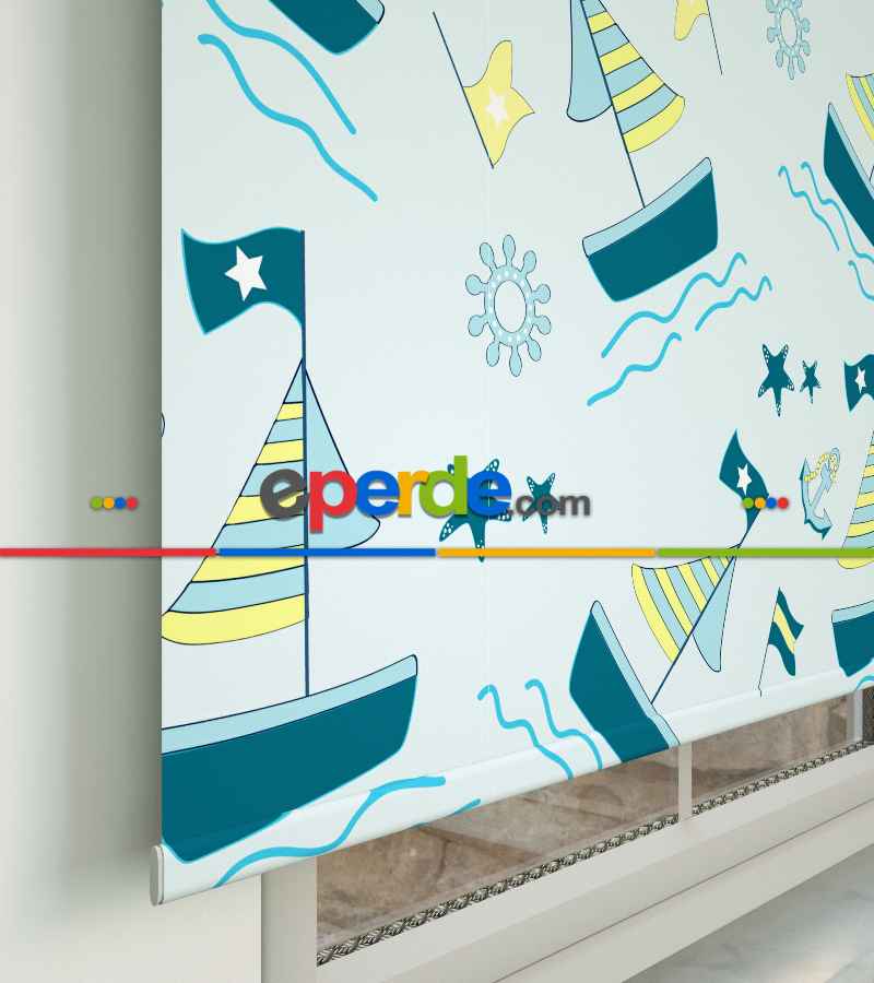 Bebek Odası - Denizci Desenli Baskılı Stor Perde- Yeşil-Çok Renkli