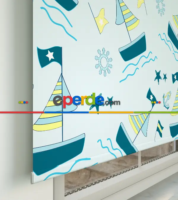 Çocuk Odası Stor Perde - Denizci Desenli Baskılı Stor Perde- Yeşil-Çok Renkli