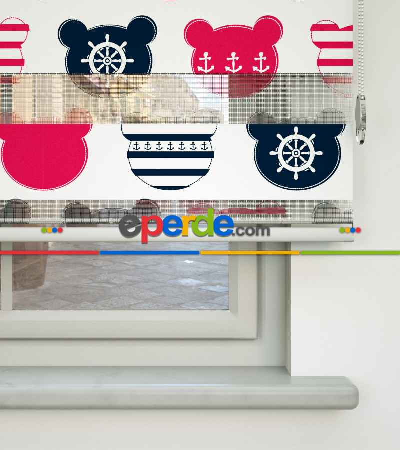 Bebek Odası Zebra Perde - Çapa Baskılı Zebra Perde- Lacivert-Beyaz-Fuşya