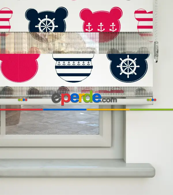 Bebek Odası Zebra Perde - Çapa Baskılı Zebra Perde- Lacivert-Beyaz-Fuşya