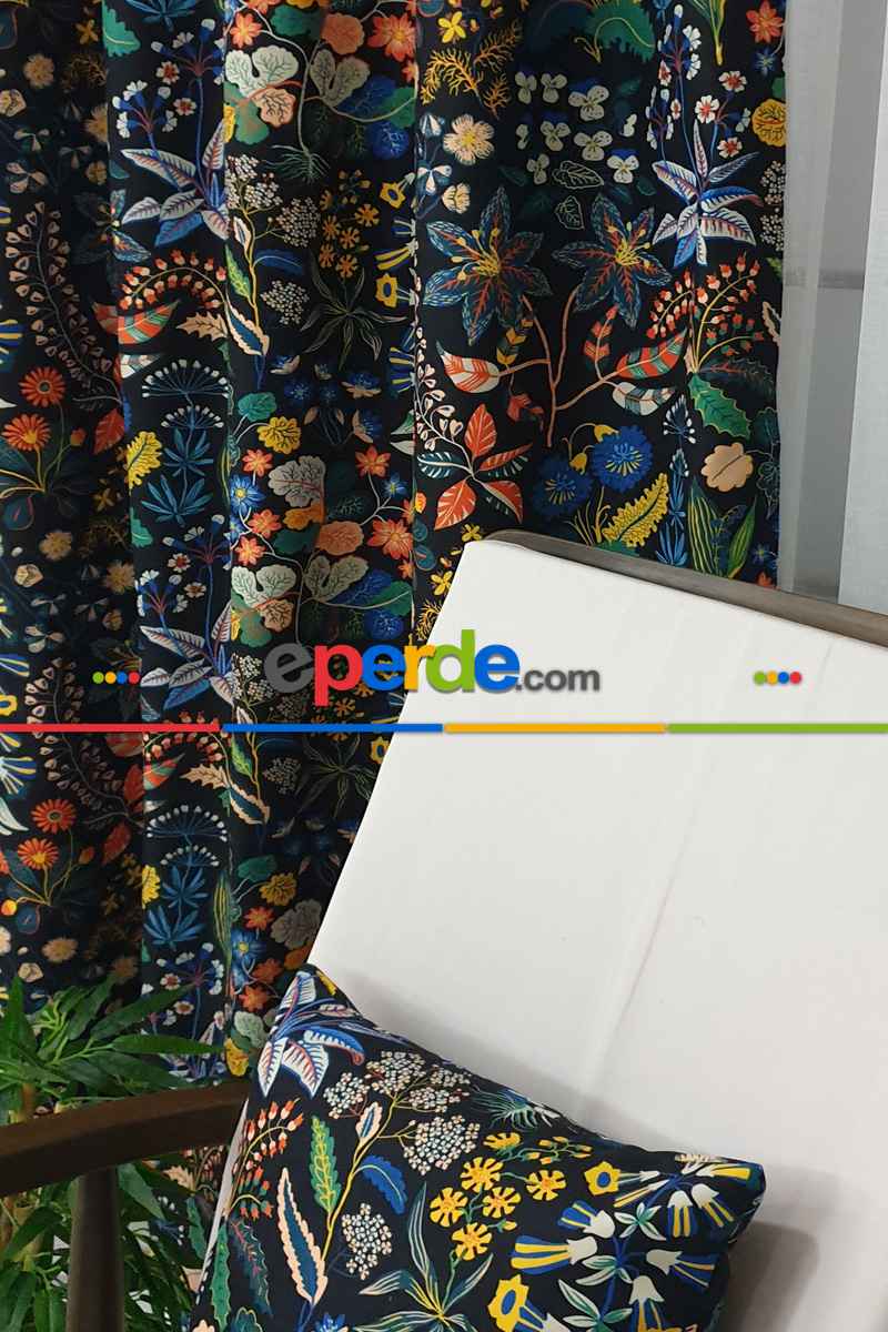 Mavi Çiçek Desenli Fon Perde Evm624 Kumaşı Kalındır Duck Bezi Değildir- Siyah-Mavi-Beyaz-Çok Renkli