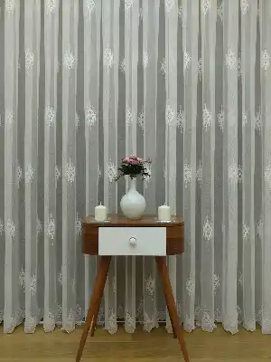 Ekru Serpme Kilim Desenli Özel Örme Dokulu Tül Perde- Ekru