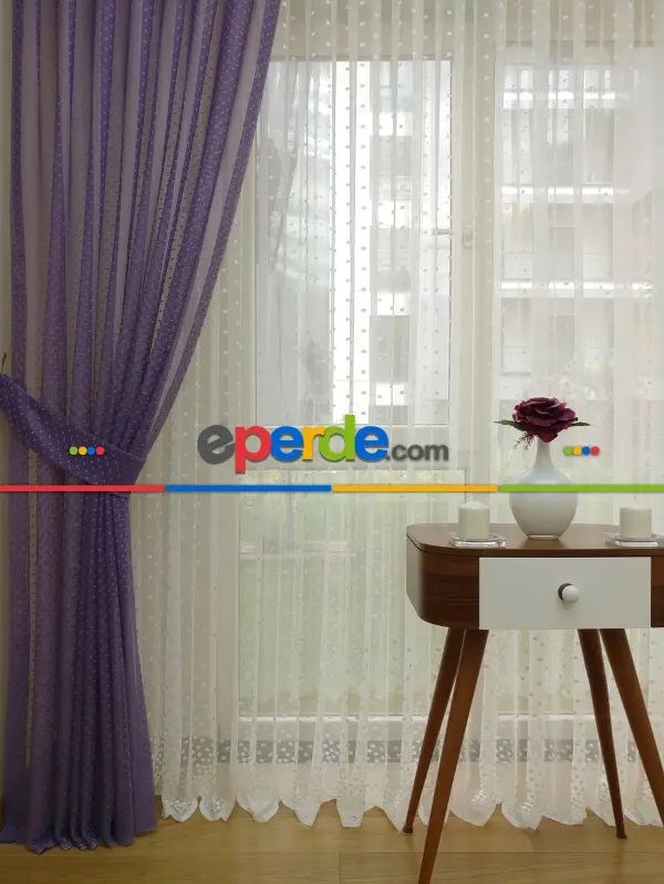 Puantiyeli Dantel Tül Perde- Ekru