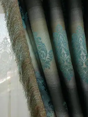 Renk Geçişli Jakar Damask Desenli Salon Fon Perdesi - Lacivert - Mavi - Bej ( Kendinden Saçaklı)- Bej-füme-turkuaz