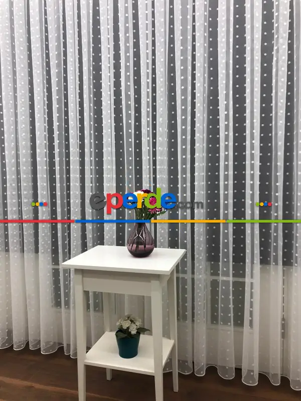 Puantiyeli Spor Desenli Tül Perde- Ekru - Kurşunlu Tül