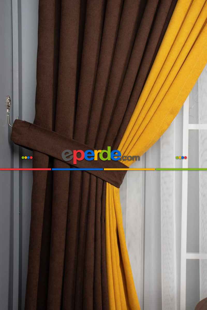 Yatak Odası - Koyu Kahverengi - Hardal Kombinli Fon Perde