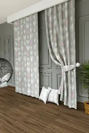 Dökümlü Kumaştan Çocuk Odası - Renkli Kalpler Baskılı Fon Perde- Gri-füme-antrasit-pembe-ekru