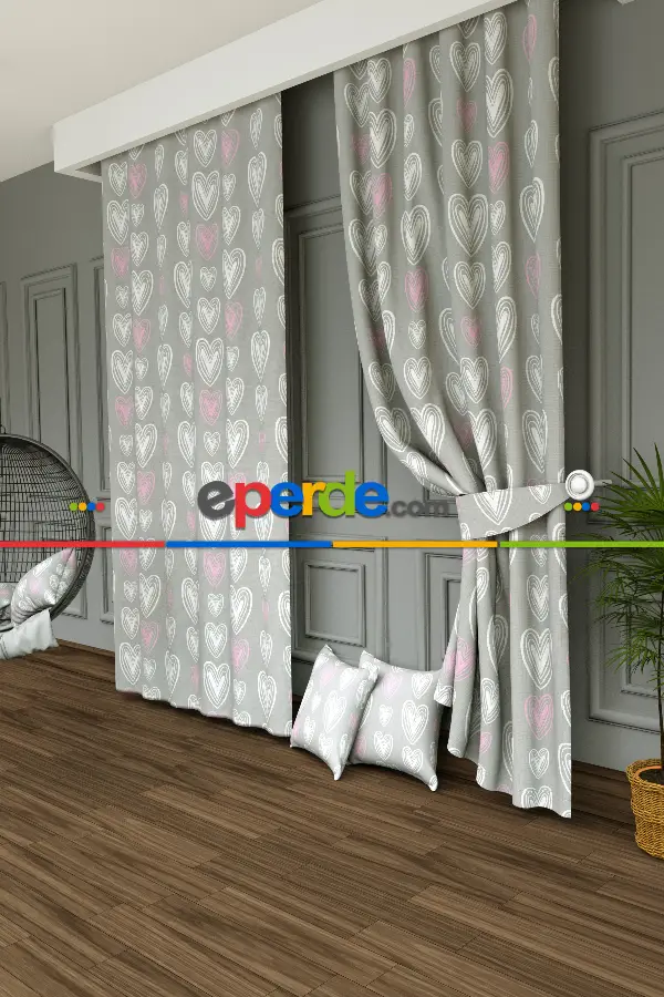 Dökümlü Kumaştan Renkli Kalpler Baskılı Fon Perde- Gri-Füme-Antrasit-Pembe-Ekru