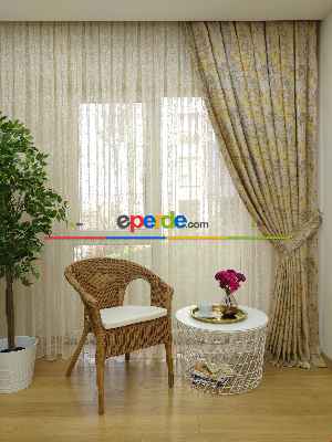 Salon Bej Hardal Desenli Jakar Fon Perde (285 En)-  Çok Renkli 3