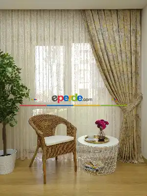 Salon Bej Hardal Desenli Jakar Fon Perde (285 En)-  Çok Renkli 3