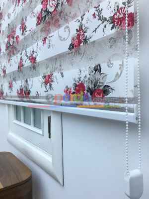 %40 Indirimli !!! Çiçek Desen Pembe-gri Zebra Perde- Siyah-füme-fuşya