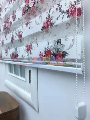 %40 Indirimli !!! Çiçek Desen Pembe-gri Zebra Perde- Siyah-füme-fuşya