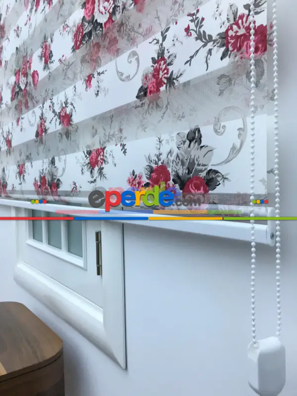 %40 Indirimli !!! Çiçek Desen Pembe-gri Zebra Perde- Siyah-füme-fuşya