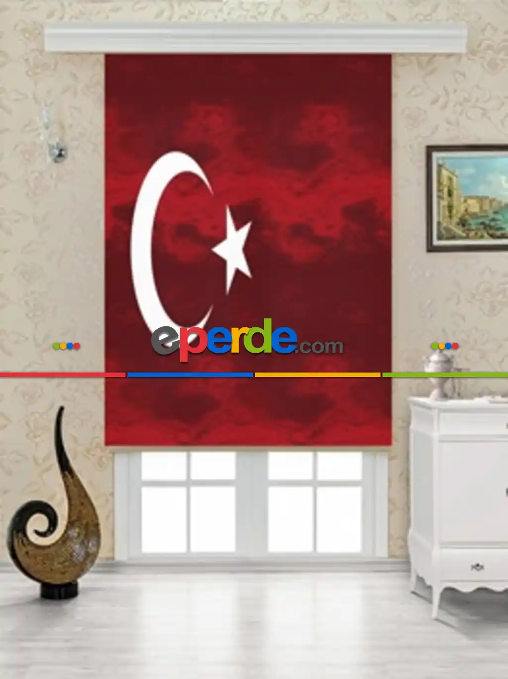 Türk Bayrağı Dijital Baskılı Stor Perde- Beyaz