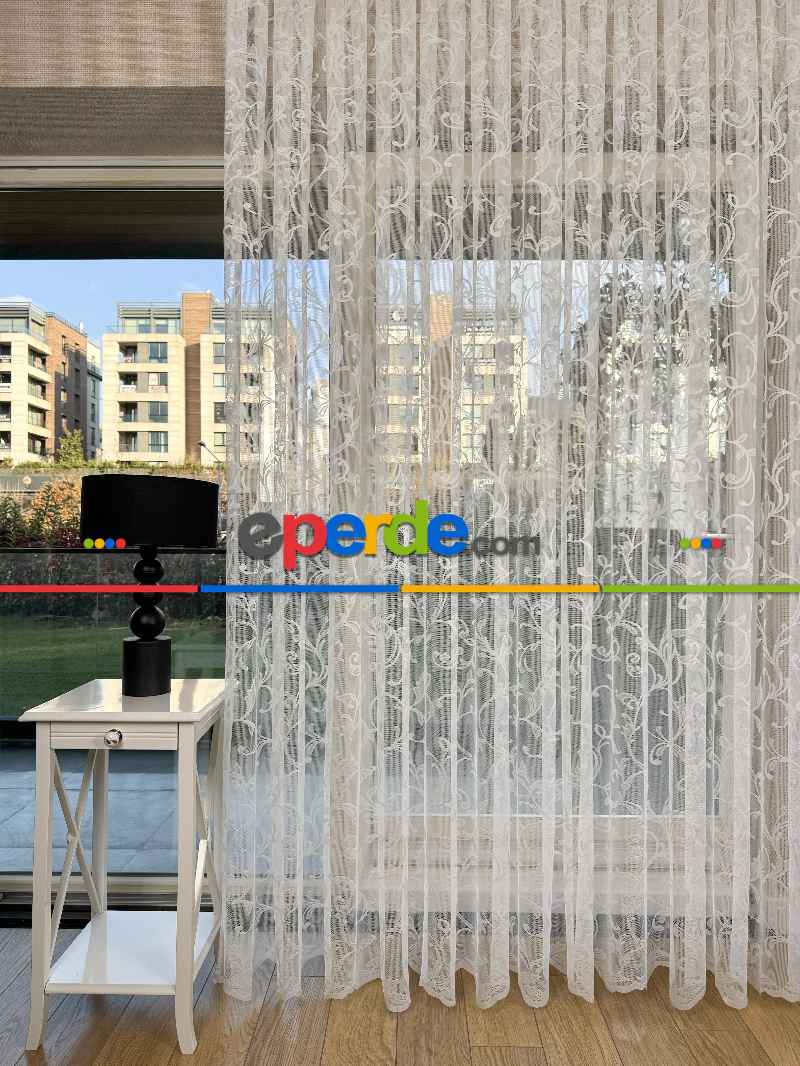 Sarmaşık Desenli Fransız Dantel Örme Tül Perde, Desenli Ütü İstemeyen Tül