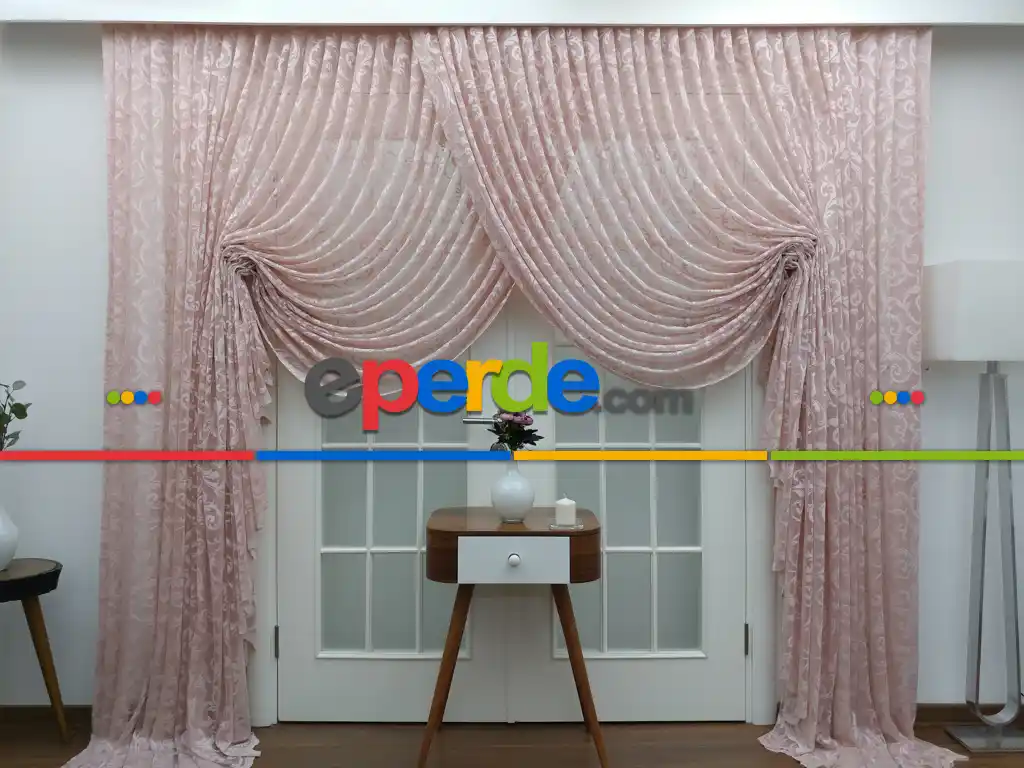 Pudra Pembe Sarmaşık Desenli Boncuklu Mekanizmalı Fon Perde 1 Tkm(2 Kanat)620 Tl Yerine Sadece 229 Tl- Pembe Pudra Pembe