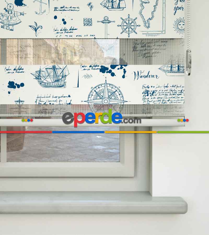 Denizci Desen Baskılı Zebra Perde- Lacivert-mavi-beyaz