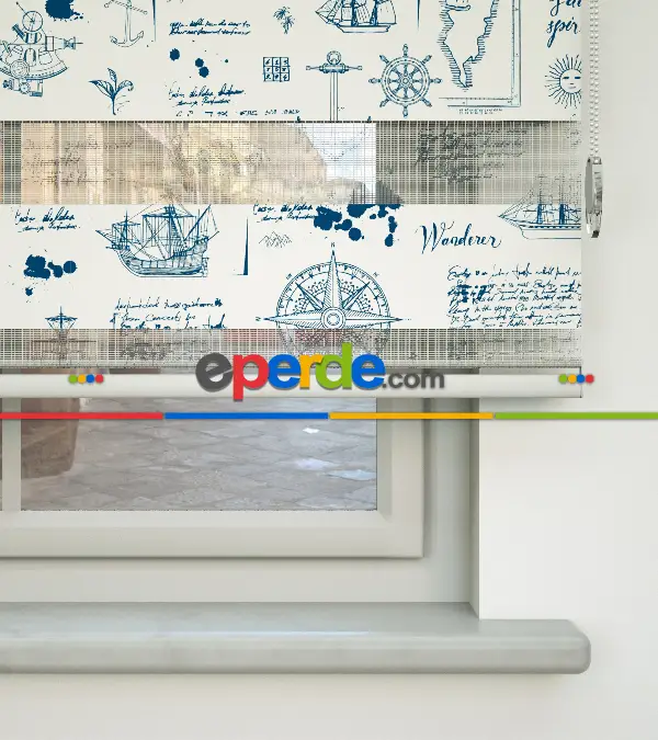 Bebek Odası Zebra Perde - Denizci Desen Baskılı Zebra Perde- Lacivert-Mavi-Beyaz