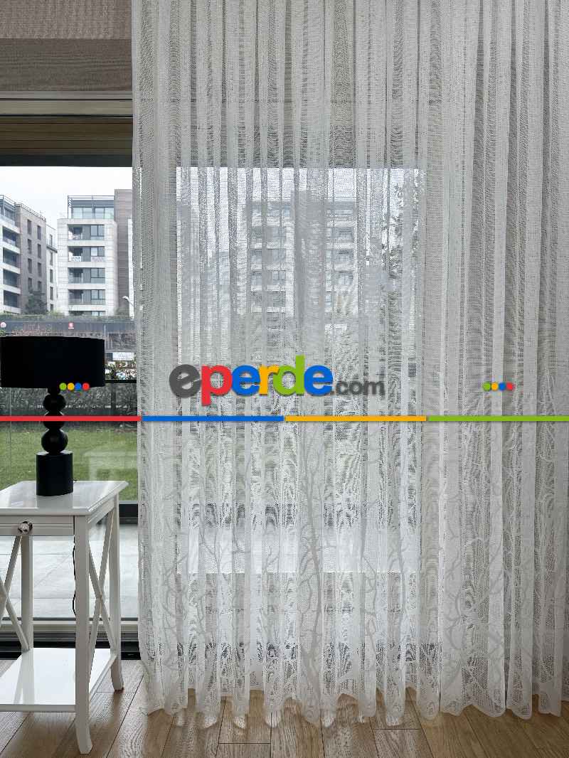 Oturma Odası - Sarmaşık Dal Desenli Fransız Dantel Örme Tül Perde, Desenli Ütü İstemeyen Tül