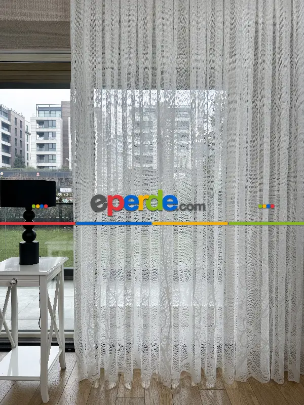 Sarmaşık Dal Desenli Fransız Dantel Örme Tül Perde, Desenli Ütü İstemeyen Tül