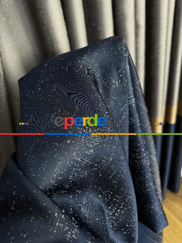 Yatak Odası - Koyu Lacivert Gri Gold Jakar Dokuma Fon Perde, Parlak Zemin