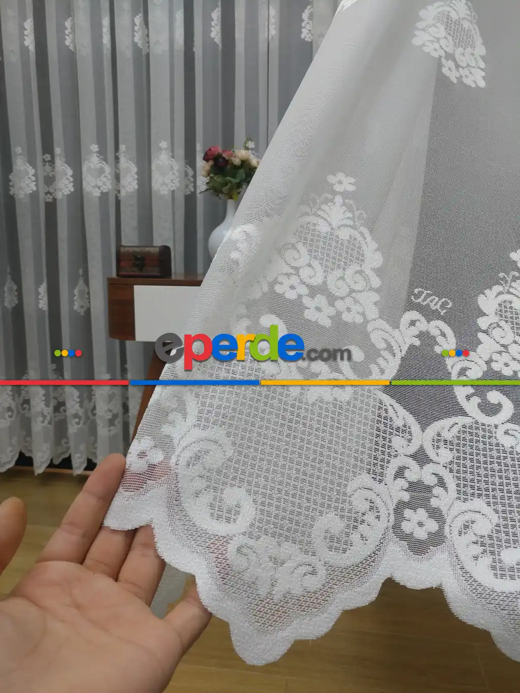 ( Orjinal ) Taç Damask Serpme Desen Salon Fransız Dantel Tül Perde & Kruvaze Perde- Krem