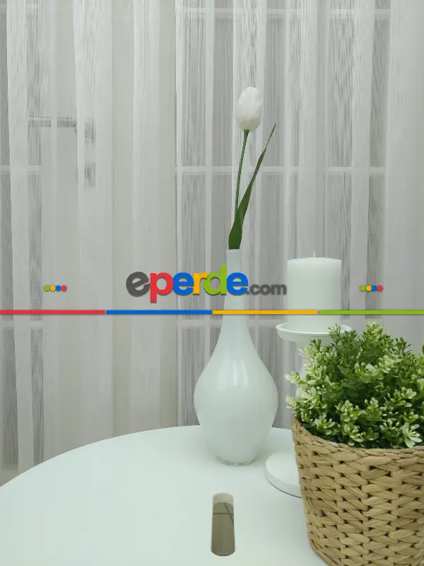 Oturma Odası - Ekru Sık Dokulu Çizgili Modern Düz Tül Perde Ütü İstemez