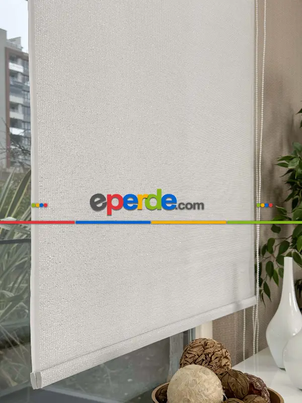 Ekru Gümüş Simli Çiftli Sistem Tül Stor Perde, Standart Metal Kasalı Yüksek Kalite Kornişe Kolay Montaj Seçenekli