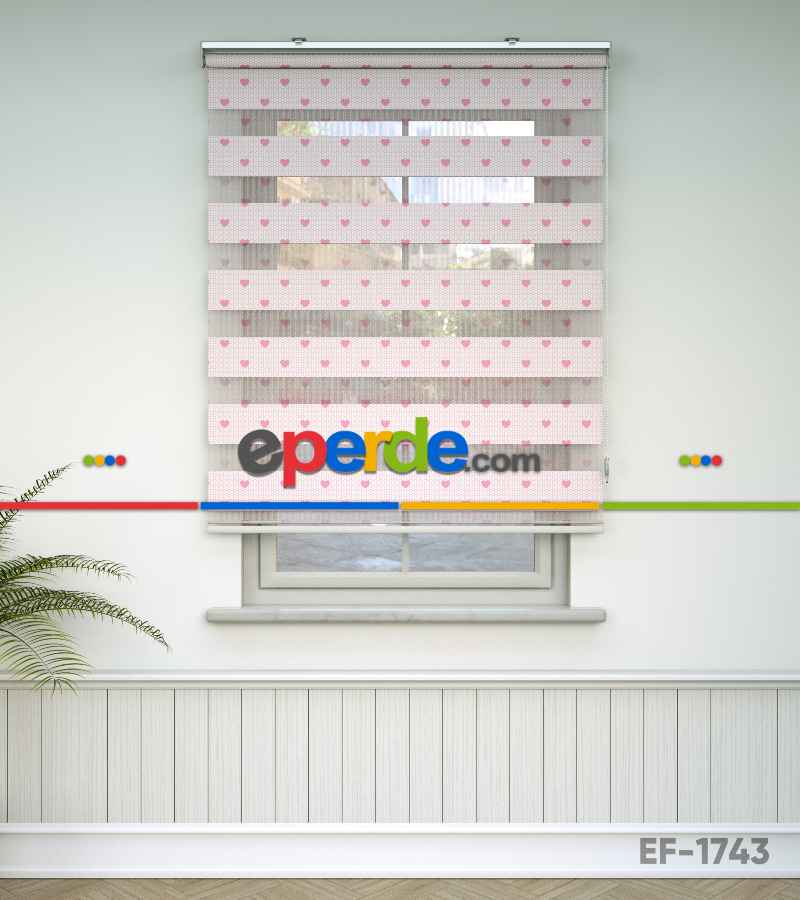 Çocuk Odası Zebra - Kalp Desenli Baskılı Zebra Perde- Pembe