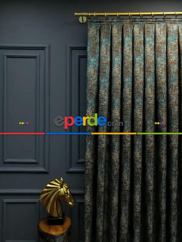 Yatak Odası Fon Modern Desenli Jakarlı Salon Fon Perdesi 2025 Series Özel Renkler- Bej-haki-turkuaz Mavi