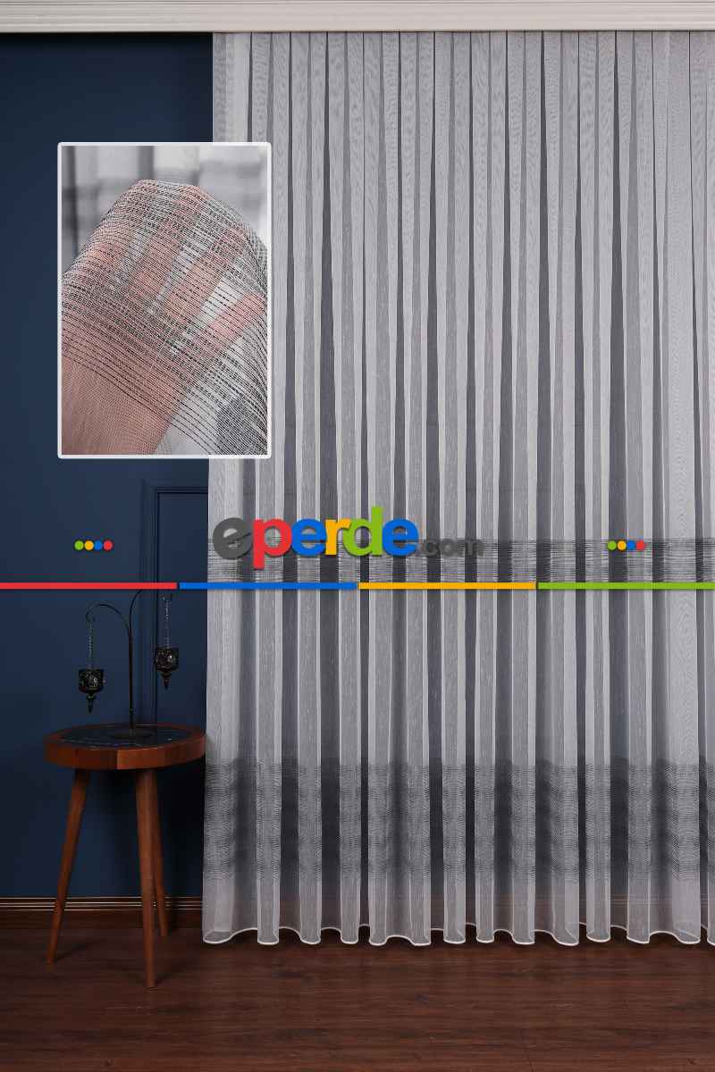 Salon Tül Modelleri - Enine Bantlı Simli Düz Tül Perde Ütü Istemez