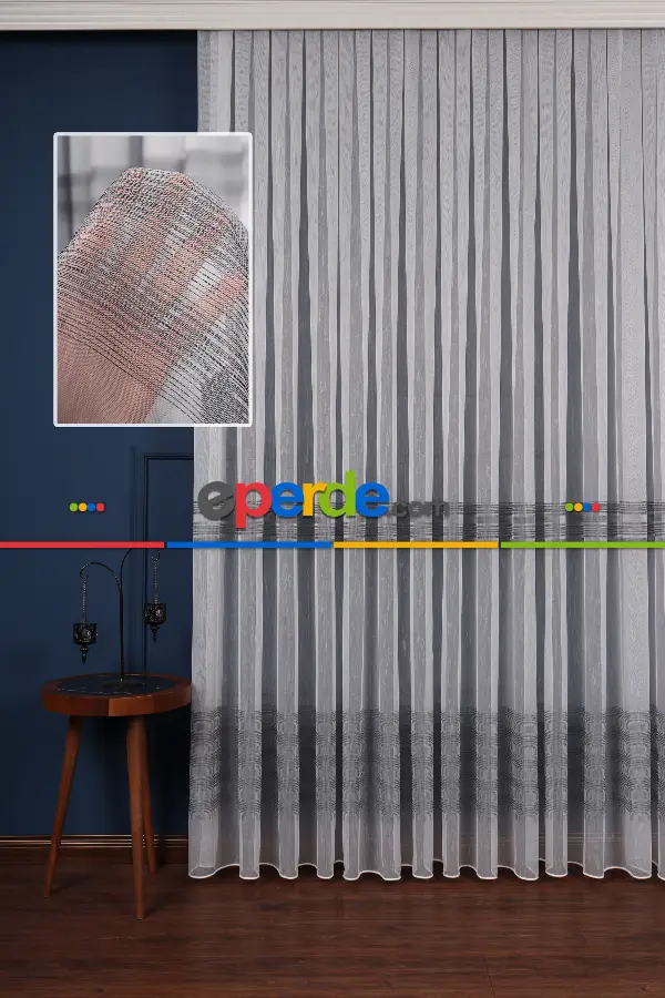 Enine Bantlı Simli Düz Tül Perde Ütü Istemez