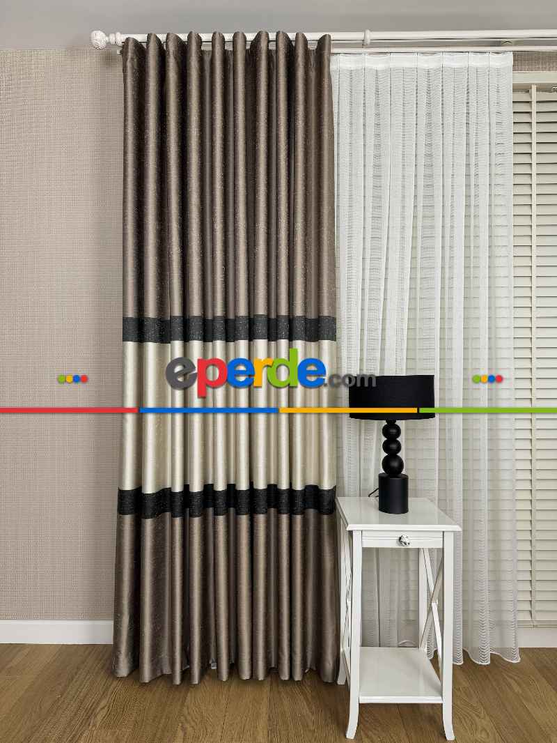 Salon - Kahveregi Krem Siyah Jakar Dokuma Fon Perde, Parlak Zemin