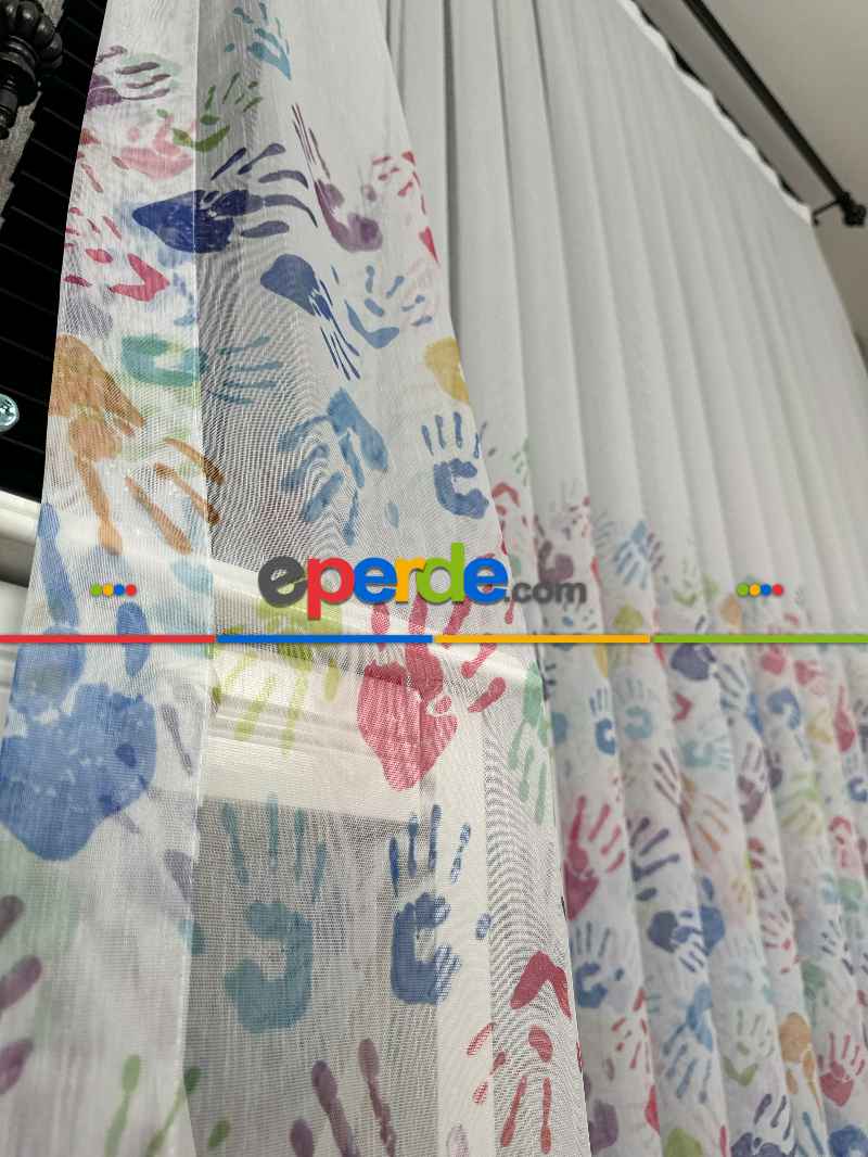Bebek Odası Tül Perde - Çok Renkli El Baskılı Tül Perde, Çocuk-bebek Odası, Premium Seri
